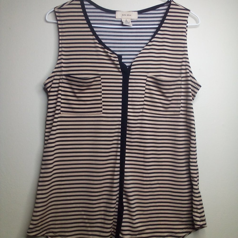 Diana Belle Blouse S Sleeveless Pockets Stripe Brown Black